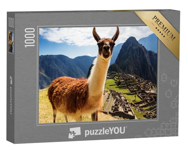 Puzzle 1000 Teile „Lama, im Hintergrund die Inka-Ruinen am Machu Picchu, Peru“