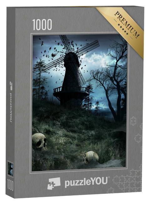 Puzzle 1000 Teile „Dunkle Windmühle mit Vögeln und Totenköpfen“