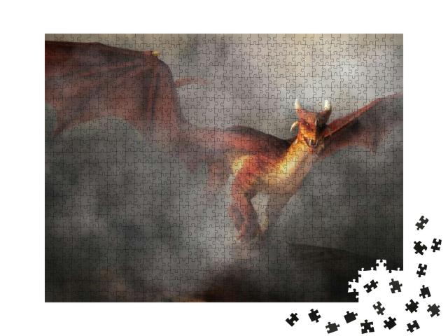 Puzzle 1000 Teile „Ein roter Drache taucht aus Nebel und Rauch auf“