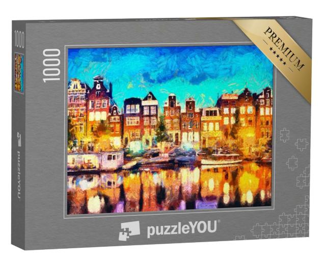 Puzzle 1000 Teile „Amsterdam: Grachtenhäuser, Ölgemälde“