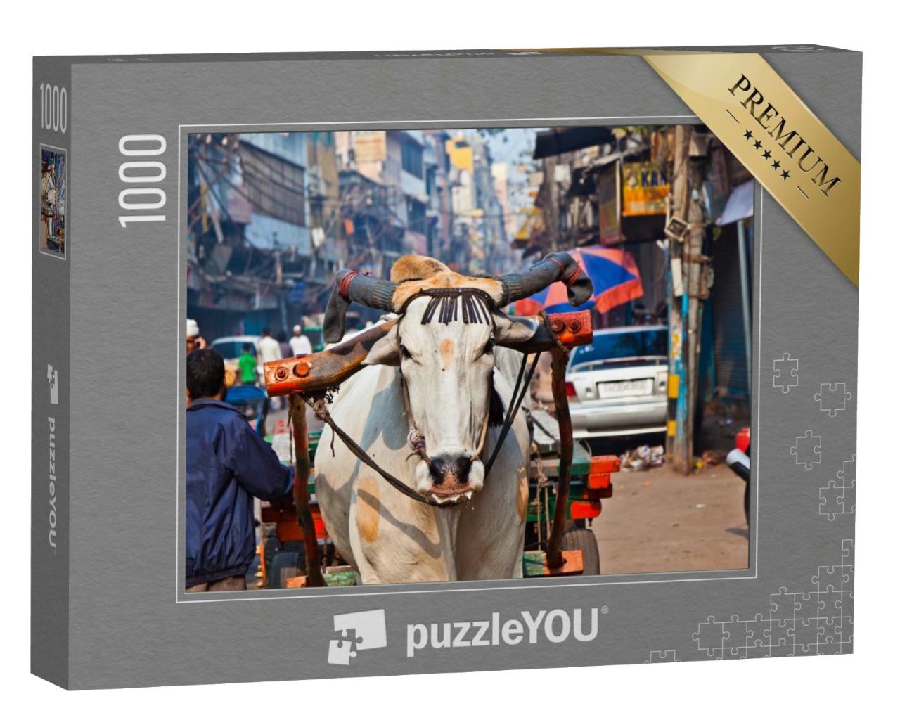 Puzzle 1000 Teile „Ochsenkarren-Transport am frühen Morgen in Alt-Delhi, Indien“