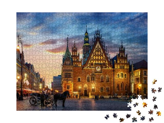 Puzzle 1000 Teile „Marktplatz mit alten Häusern, Rathaus und Sonnenuntergang, Breslau, Polen“
