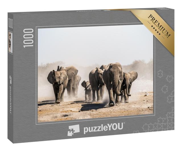 Puzzle 1000 Teile „Eine Elefantenherde am Wasserloch, Etosha-Nationalpark, Namibia, Afrika“