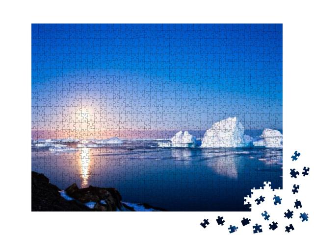 Puzzle 1000 Teile „Die Antarktis in einer Sommernacht, Eisberge und Mondlicht“