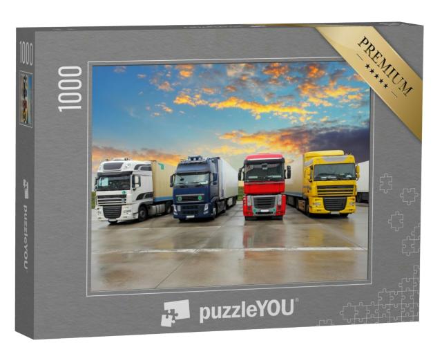 Puzzle 1000 Teile „Mehrere LKWs in verschiedenen Farben auf einem Parkplatz “