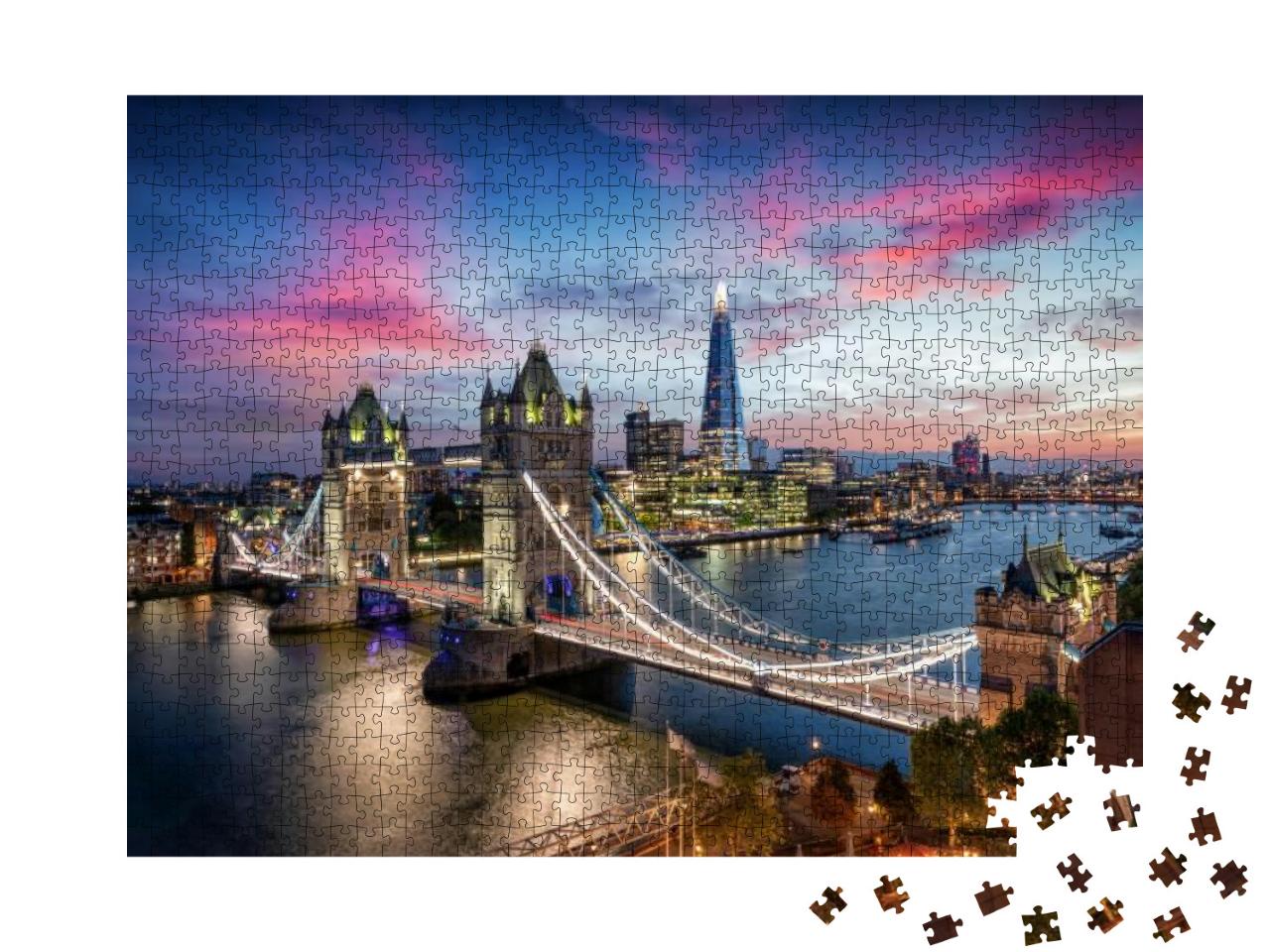 Puzzle 1000 Teile „Panoramablick auf beleuchtete Tower Bridge und Skyline von London“