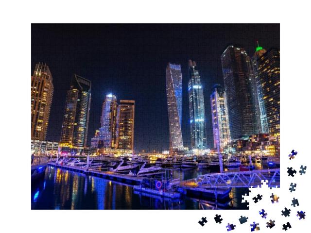 Puzzle 1000 Teile „Yachthafen Dubai bei Nacht, Vereinigte Arabische Emirate“