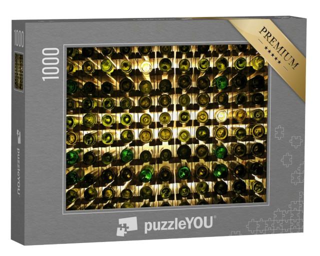 Puzzle 1000 Teile „Abstrakte Fotografie: Weinflaschen im Weinregal“