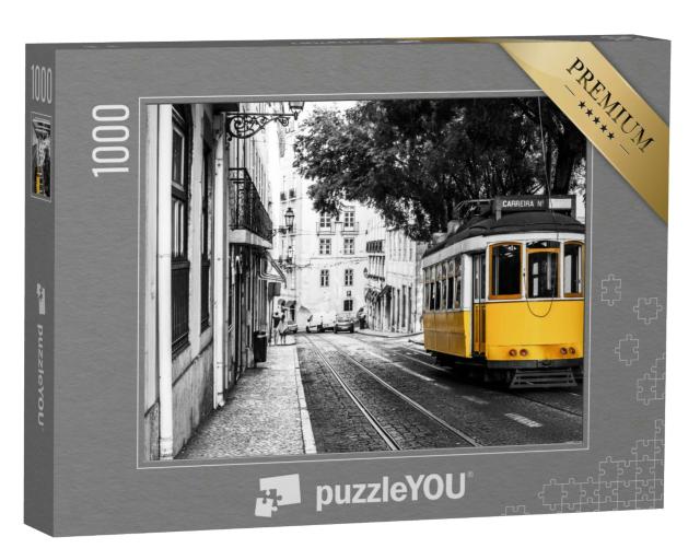 Puzzle 1000 Teile „Gelbe Straßenbahn auf alten Straßen von Lissabon, Portugal“