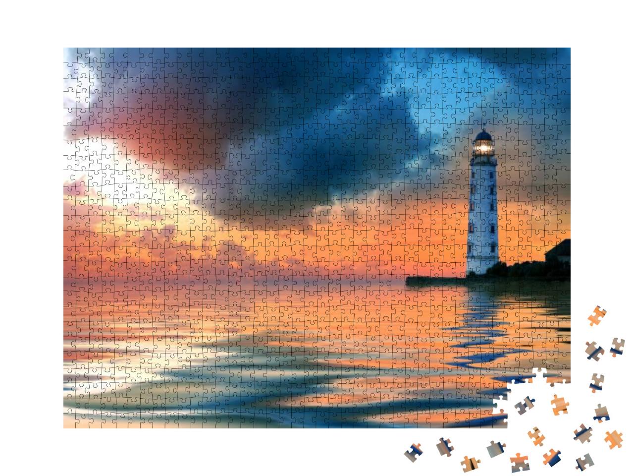 Puzzle 1000 Teile „Sonnenuntergang am Leuchtturm bei ruhiger See“