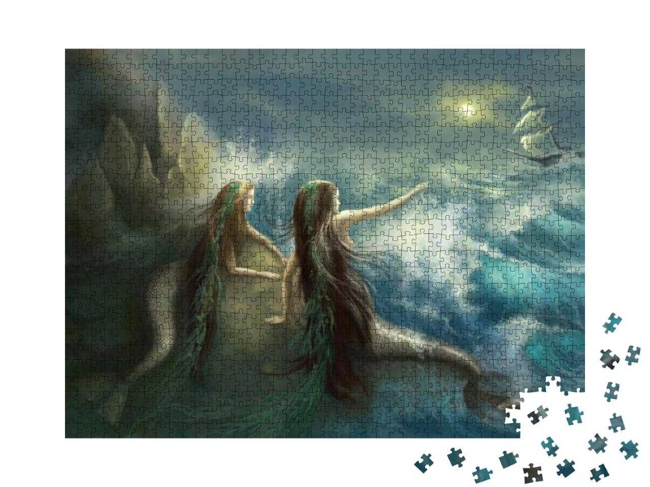 Puzzle 1000 Teile „Zwei Meerjungfrauen in den Felsen eines stürmischen Ozeans“