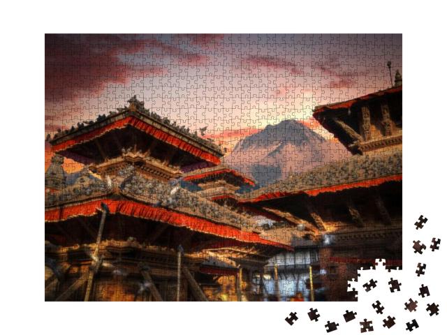 Puzzle 1000 Teile „Verzauberter Abend am Tempel des Durbar Square in Bhaktapur, Kathmandu, Nepal“