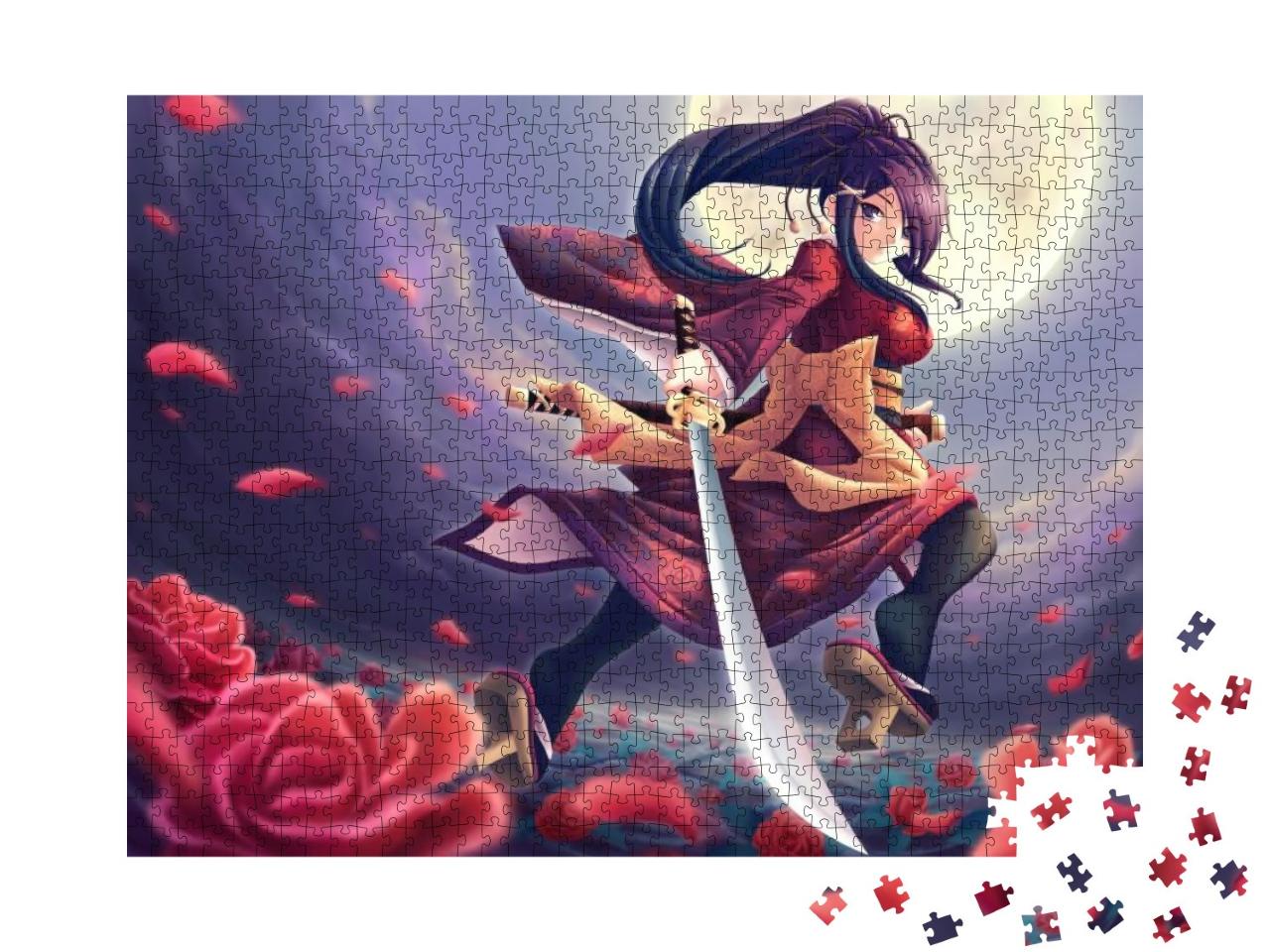 Puzzle 1000 Teile „Rosen-Samurai: ein Mädchen im Anime-Stil“