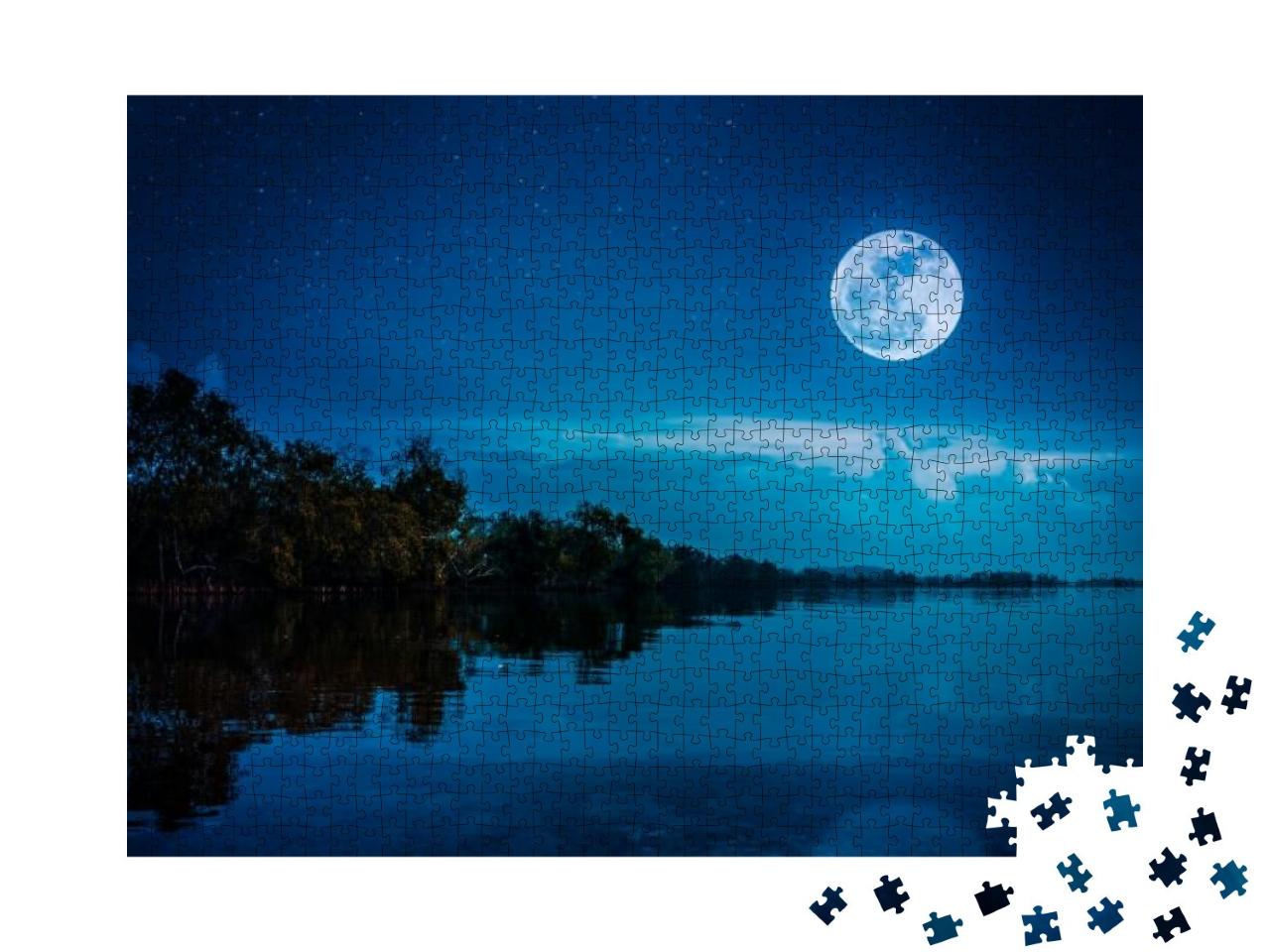 Puzzle 1000 Teile „Wunderschöner Vollmond über dem Ufer eines ruhigen Sees“