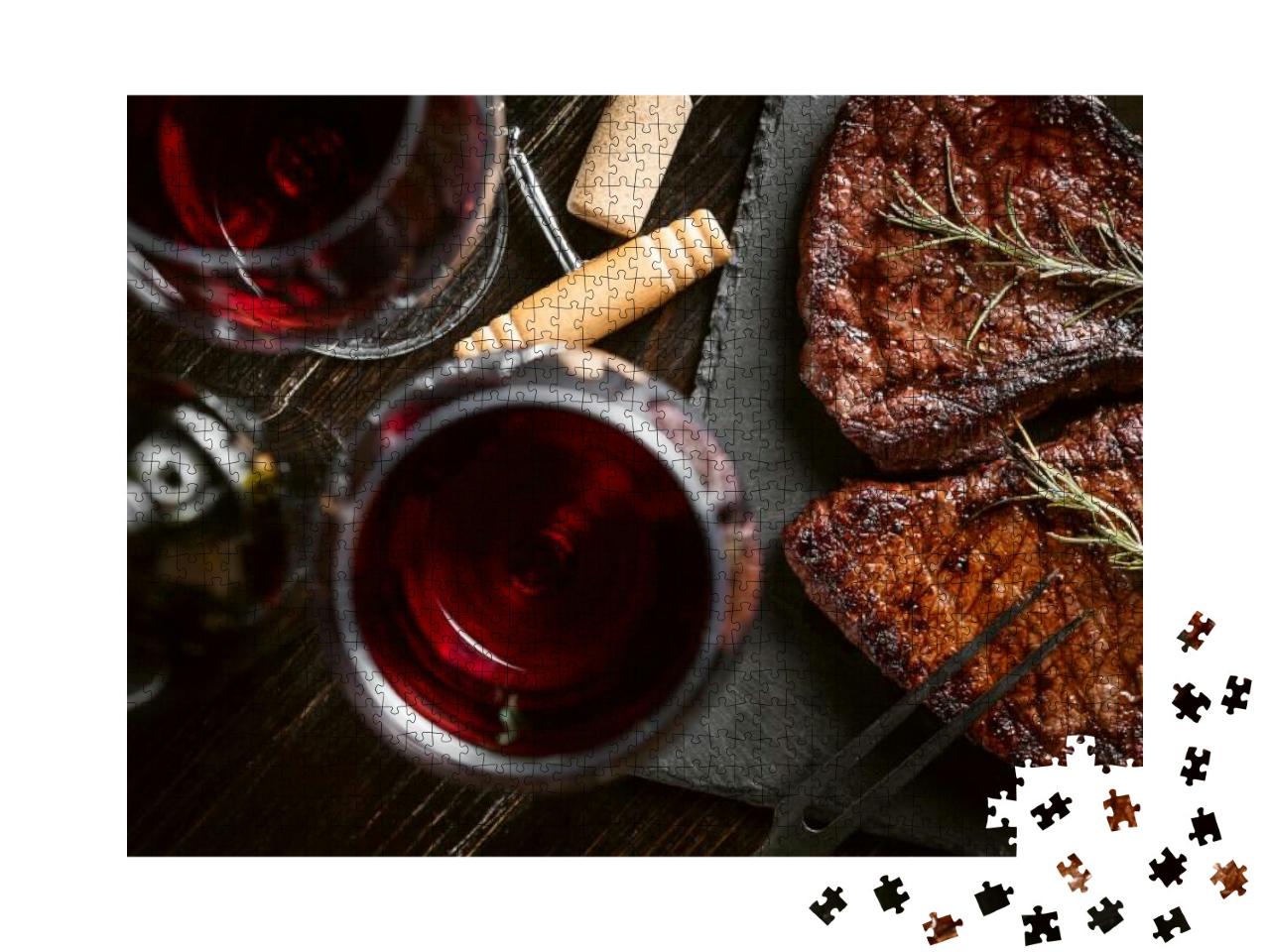 Puzzle 1000 Teile „Abendessen für zwei Personen mit Steaks und Rotwein“
