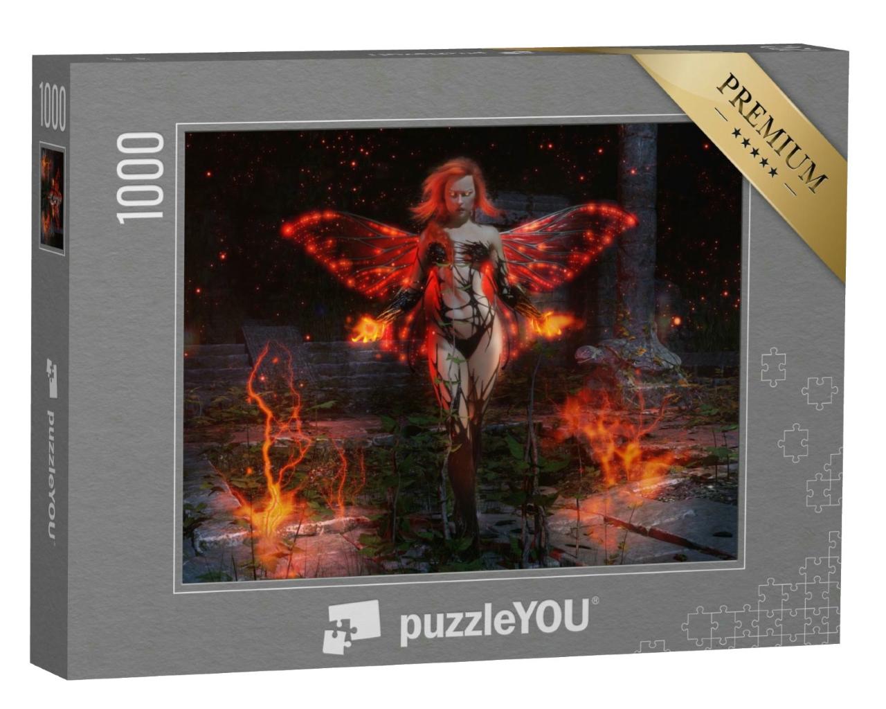 Puzzle 1000 Teile „Digitale Kunst: Feuerfee mit glühenden Flügeln“