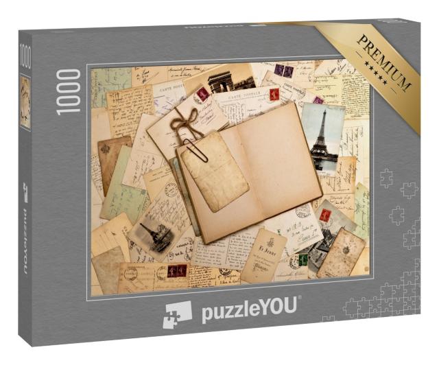 Puzzle 1000 Teile „Alte Briefe, Postkarten und leeres offenes Buch“