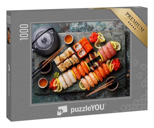 Puzzle 1000 Teile „Sushi-Set Nigiri und Sushi-Rollen mit Tee“