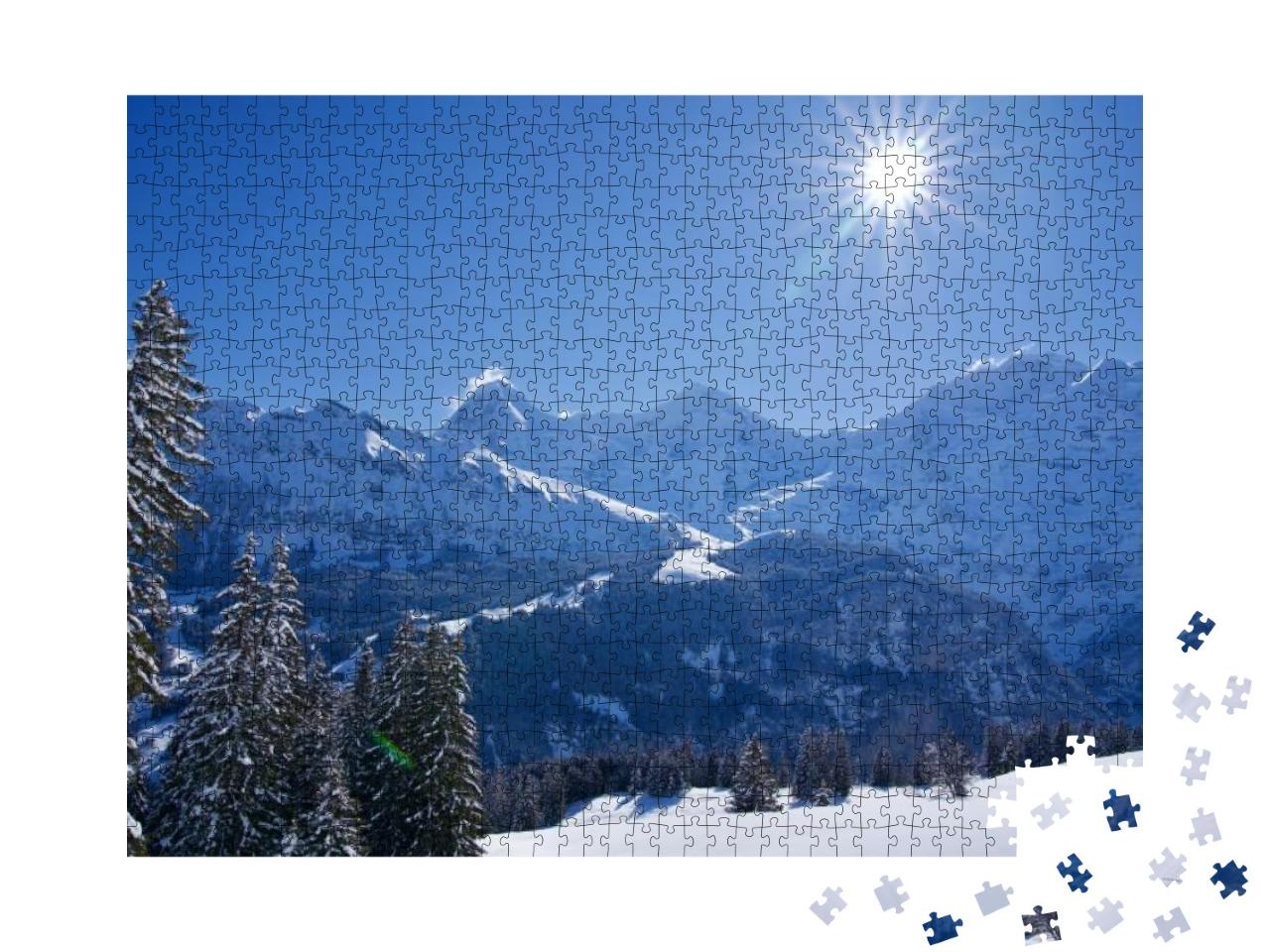 Puzzle 1000 Teile „Winterlandschaft mit sternförmiger Sonne, Mürren, Schweiz“