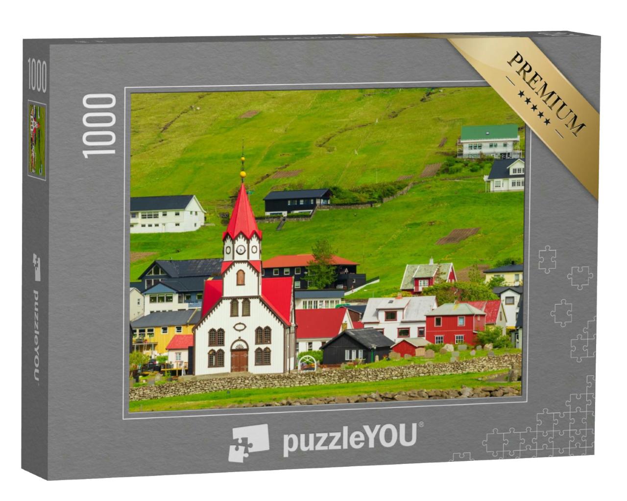 Puzzle 1000 Teile „Kirche mit rotem Dach in Sandavagur, Färöer Inseln“
