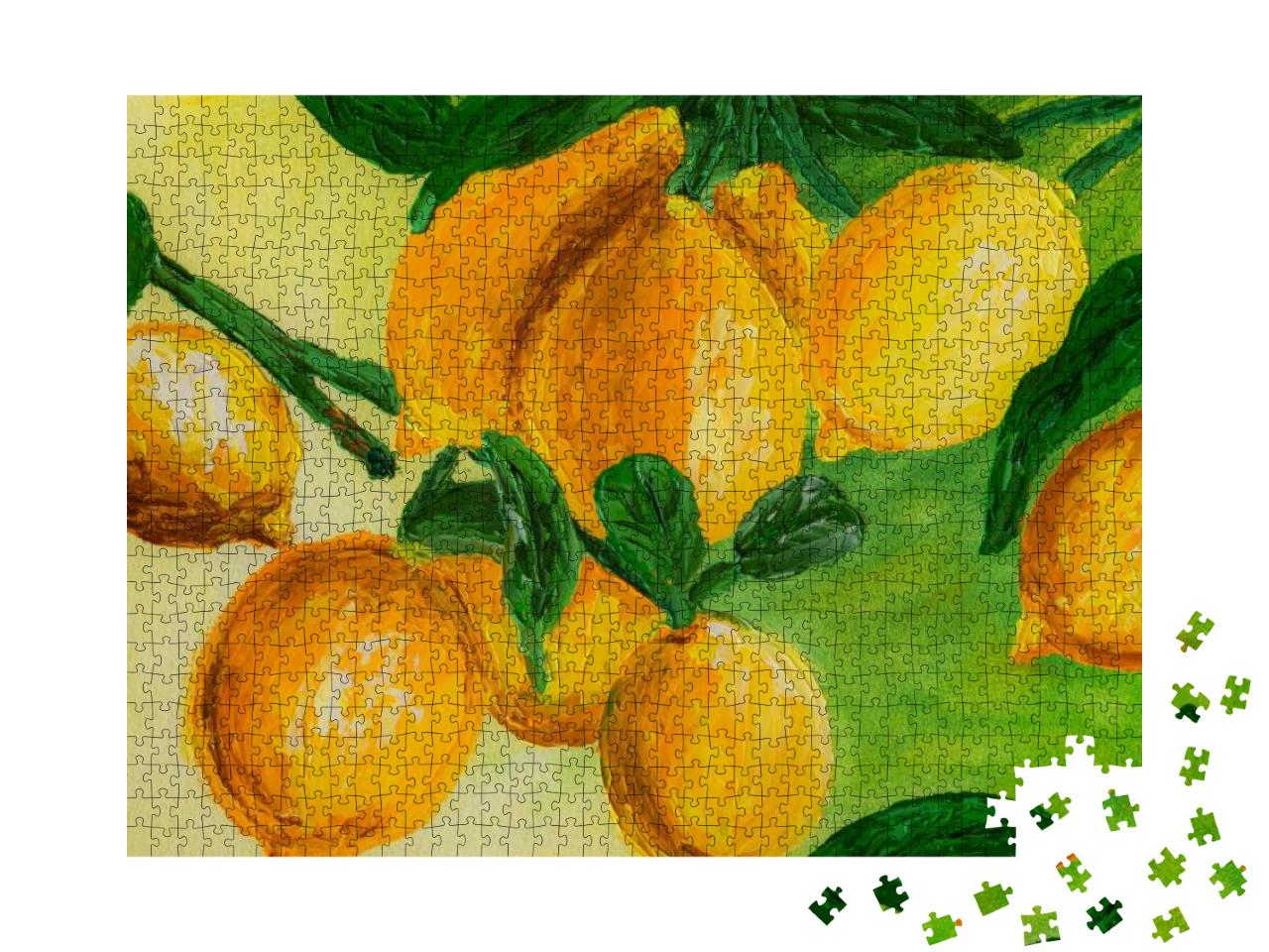 Puzzle 1000 Teile „Reife Zitronen auf einem Zweig als Gemälde“