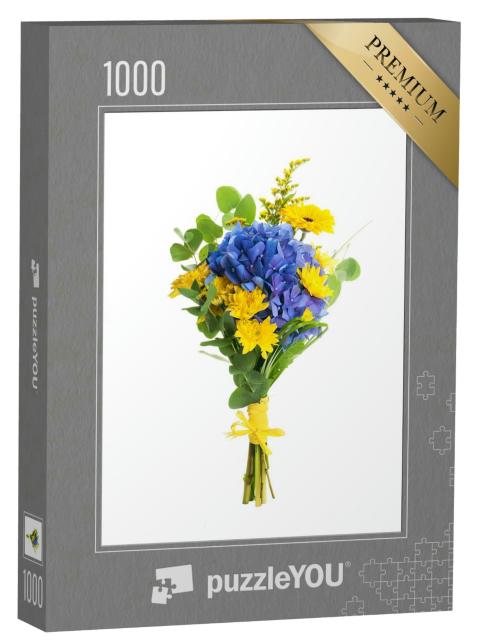 Puzzle 1000 Teile „Blumenstrauß aus blauen Hortensien und gelben Astern“
