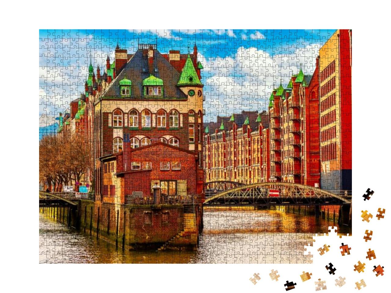Puzzle 1000 Teile „Frühling über dem Lagerviertel Speicherstadt in Hamburg“