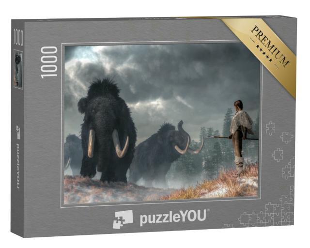 Puzzle 1000 Teile „Mutige Frau im Anblick von Mammuts“