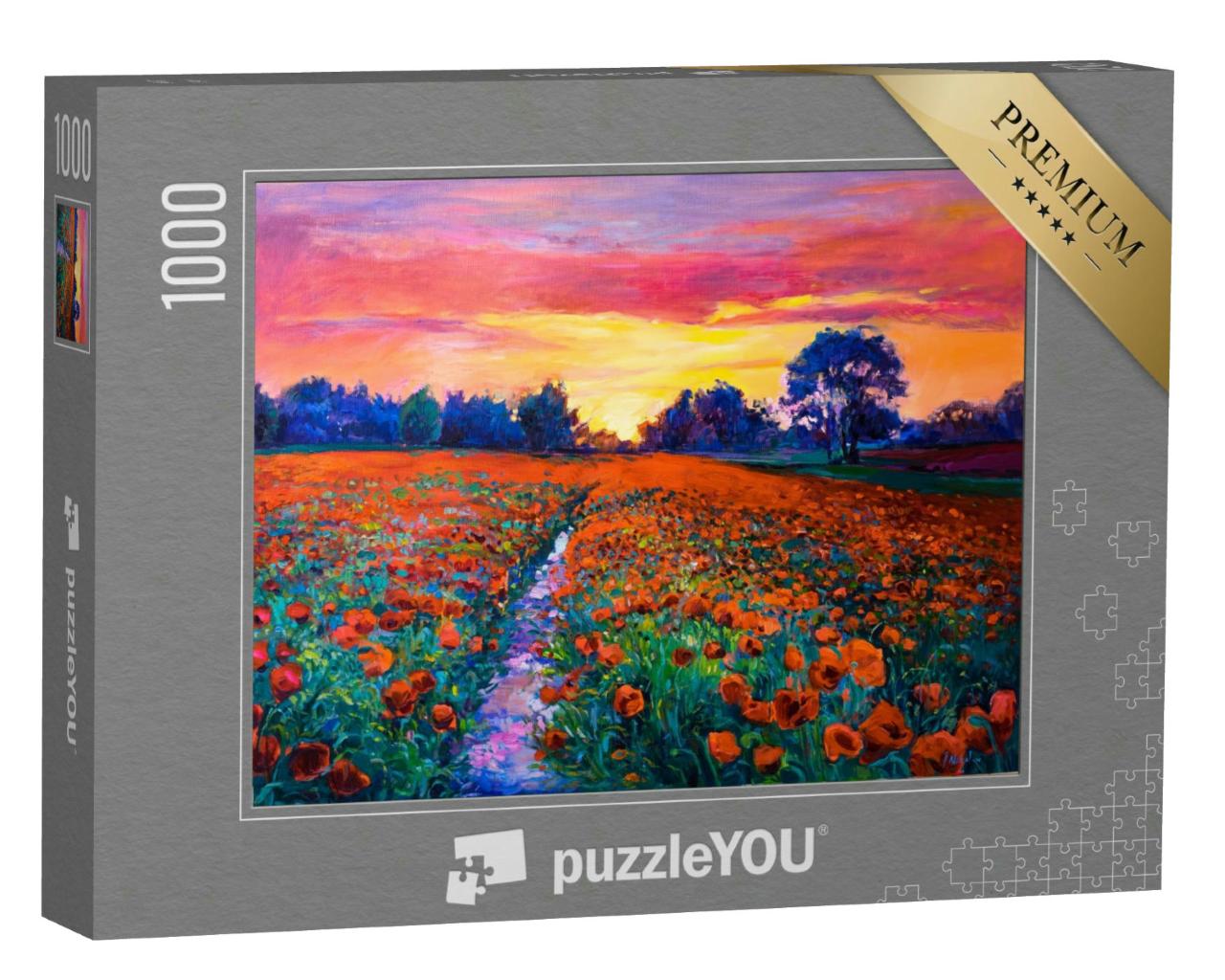 Puzzle 1000 Teile „Ölgemälde: Sonnenuntergang über einem riesigen Mohnfeld“