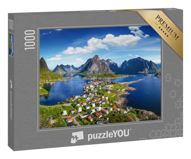 Puzzle 1000 Teile „Dorf Reine unter einem sonnigen, blauen Himmel, Lofoten, Norwegen“