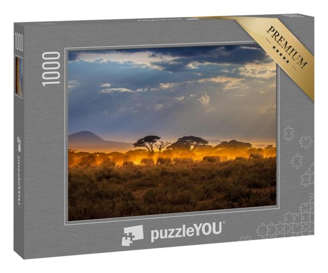 Puzzle 1000 Teile „Wanderung der Elefanten am Abend in der afrikanischen Savanne“