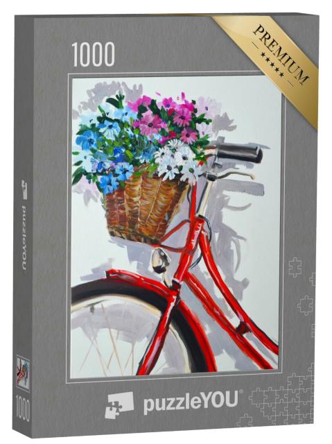 Puzzle 1000 Teile „Ölgemälde: Fahrradkorb, vollgepackt mit Blumen“