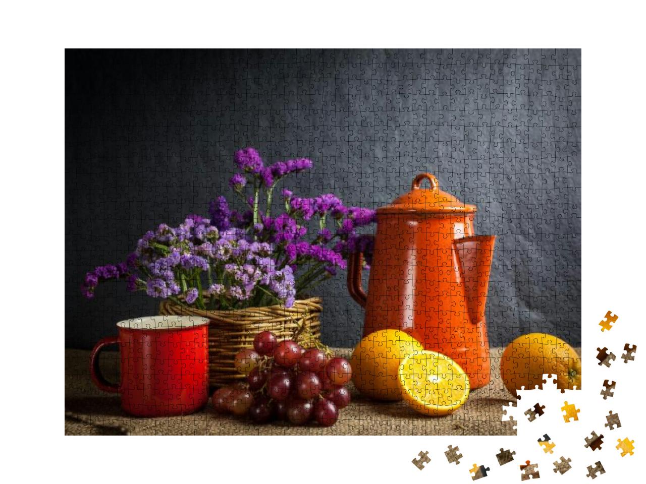 Puzzle 1000 Teile „Stillleben mit frischem Obst und Blumen im Holzkorb “