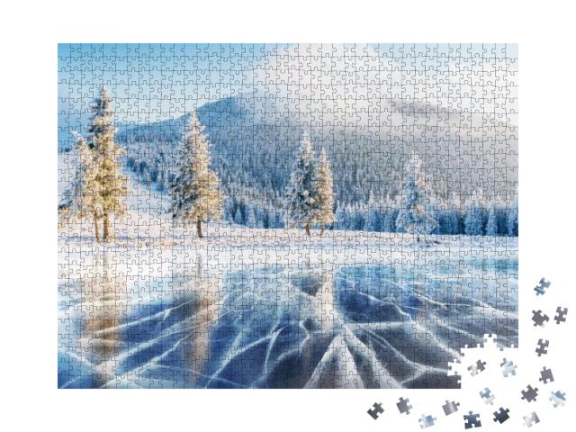 Puzzle 1000 Teile „Risse auf der Oberfläche eines gefrorenen Sees in den Karpaten“