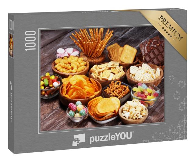Puzzle 1000 Teile „Bereit für den Party-Abend: Bunte Auswahl an Snacks“