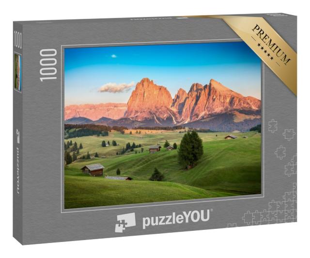 Puzzle 1000 Teile „Seiser Alm mit Langkofelgruppe im abendlichen Sonnenlicht, Südtirol“