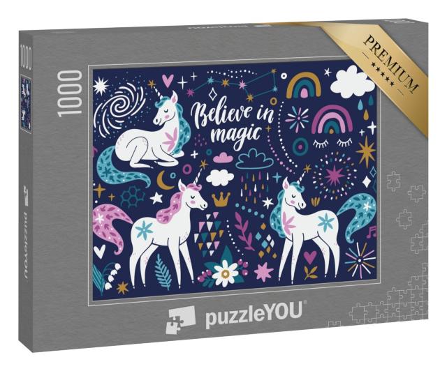 Puzzle 1000 Teile „Einhörner, Regenbogen, Wolken, Blumen, Sterne und Funken“