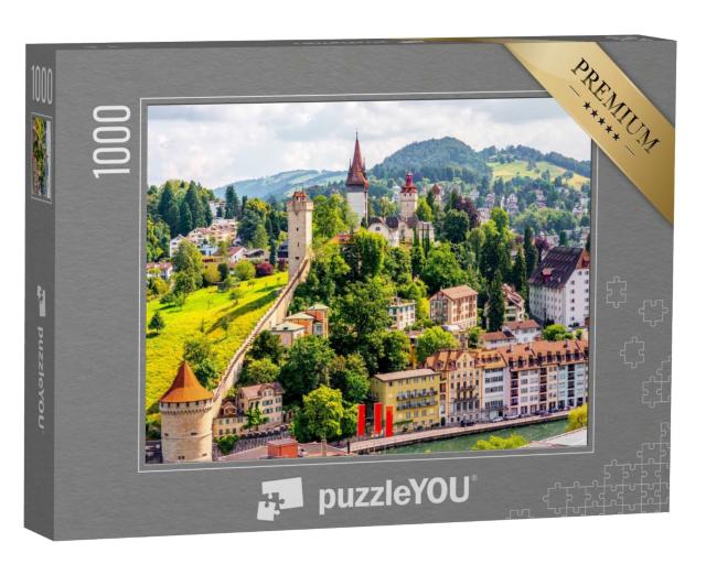Puzzle 1000 Teile „Luftbild: Luzerner Altstadt mit Festungsmauer und Türmen, Schweiz“