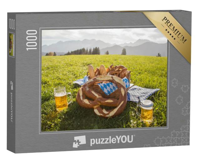 Puzzle 1000 Teile „Brezeln mit Bier, Brotzeit in Bayern, Allgäu, Deutschland“