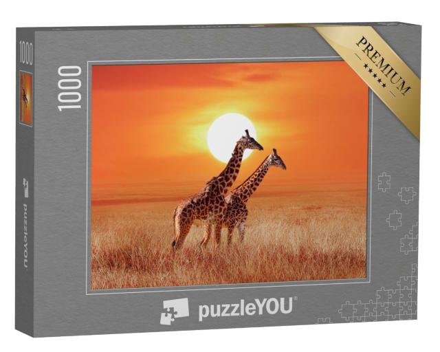 Puzzle 1000 Teile „Giraffen im glühenden Sonnenuntergang, Serengeti-Nationalpark“