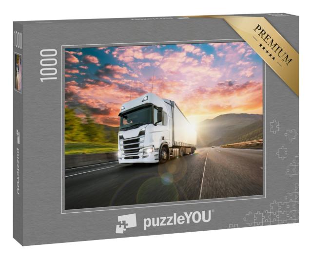 Puzzle 1000 Teile „Weißer LKW mit Container auf der Autobahn “