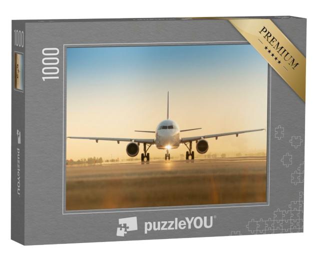 Puzzle 1000 Teile „Flugzeug auf der Landebahn im Sonnenuntergang“