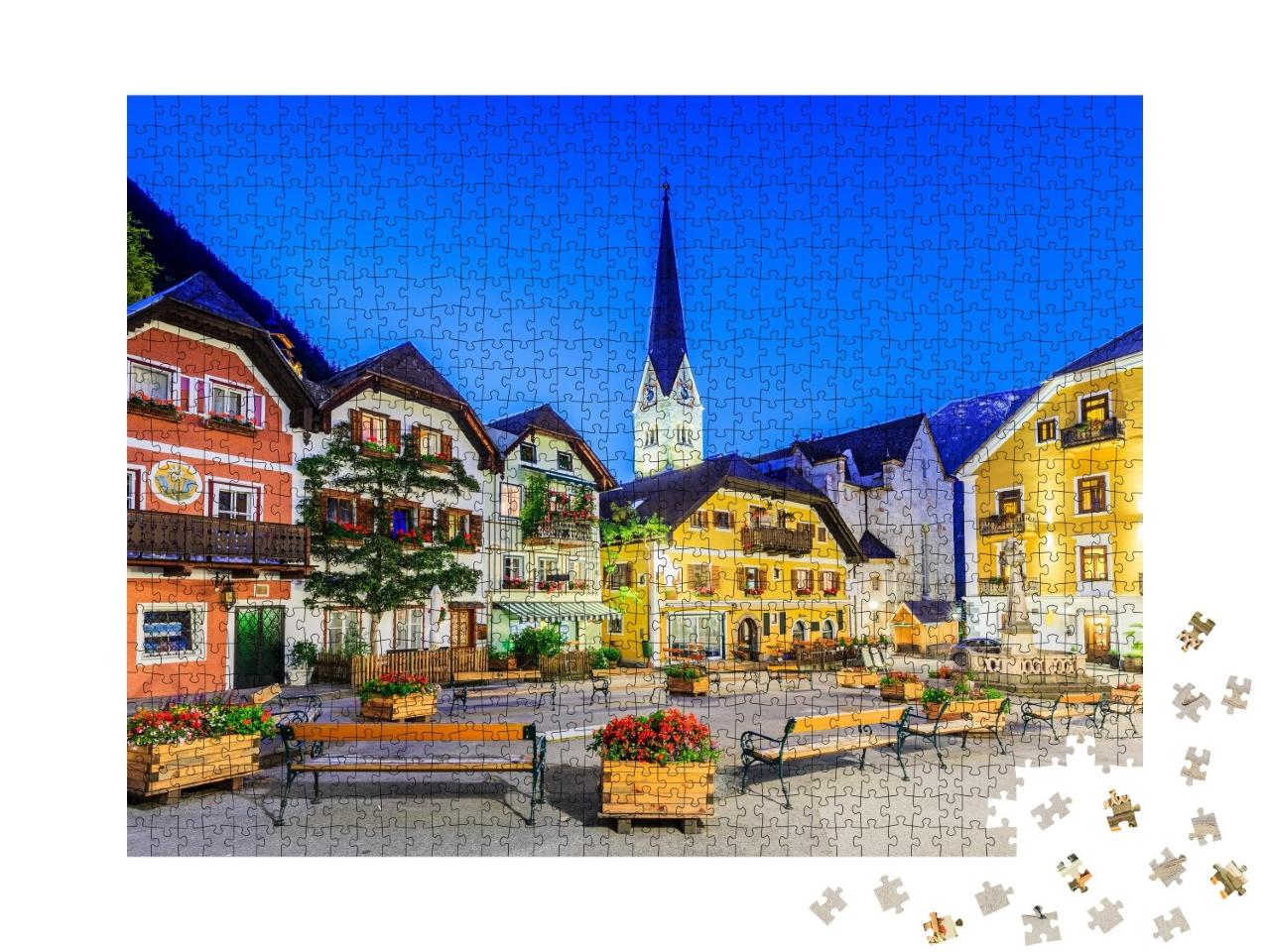 Puzzle 1000 Teile „Hallstatt, Österreich, Bergdorf in den österreichischen Alpen bei Dämmerung“
