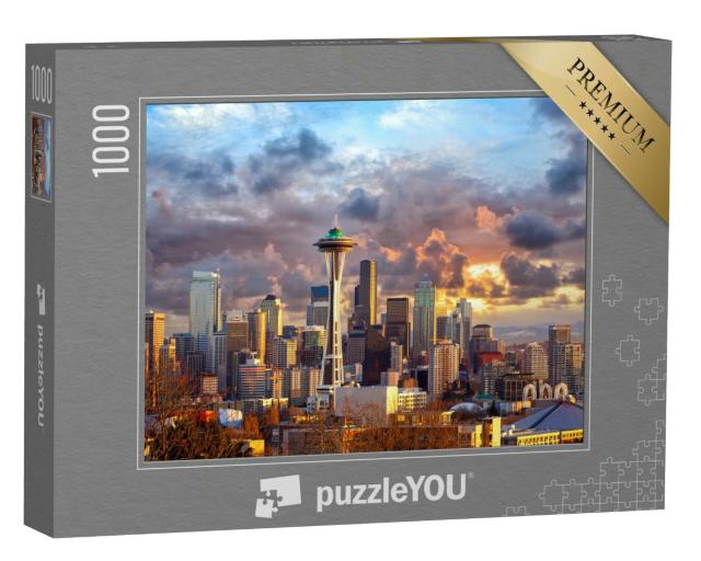 Puzzle 1000 Teile „Skyline von Seattle bei Sonnenuntergang, USA“