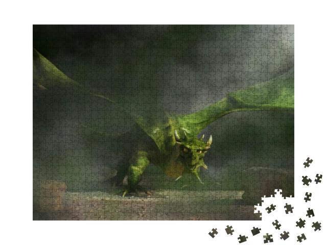 Puzzle 1000 Teile „Aus dunklem Rauch und Nebel taucht ein riesiger grüner Drache auf“