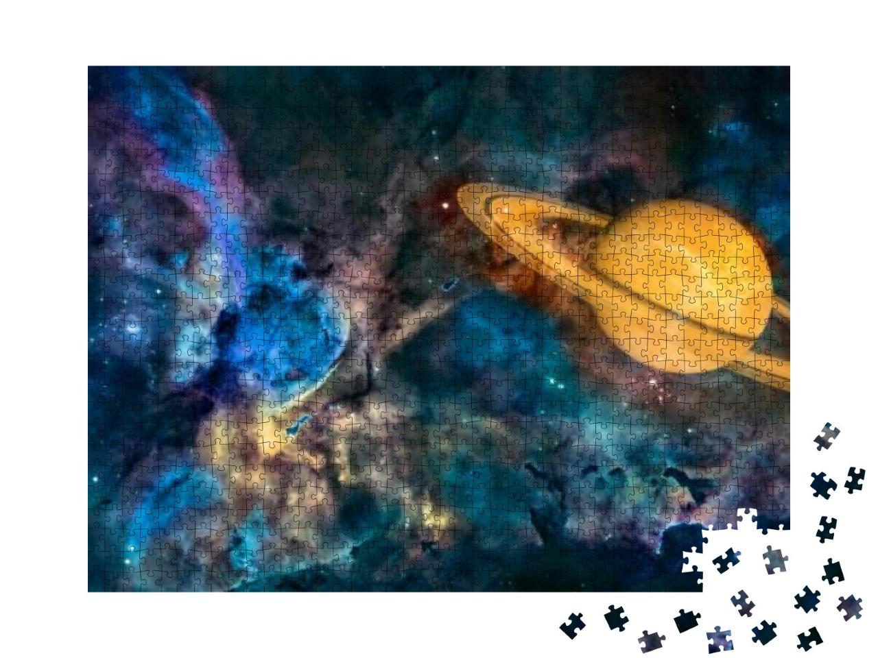 Puzzle 1000 Teile „Planet Saturn aus dem Weltall, umgeben von Weltraumnebel“