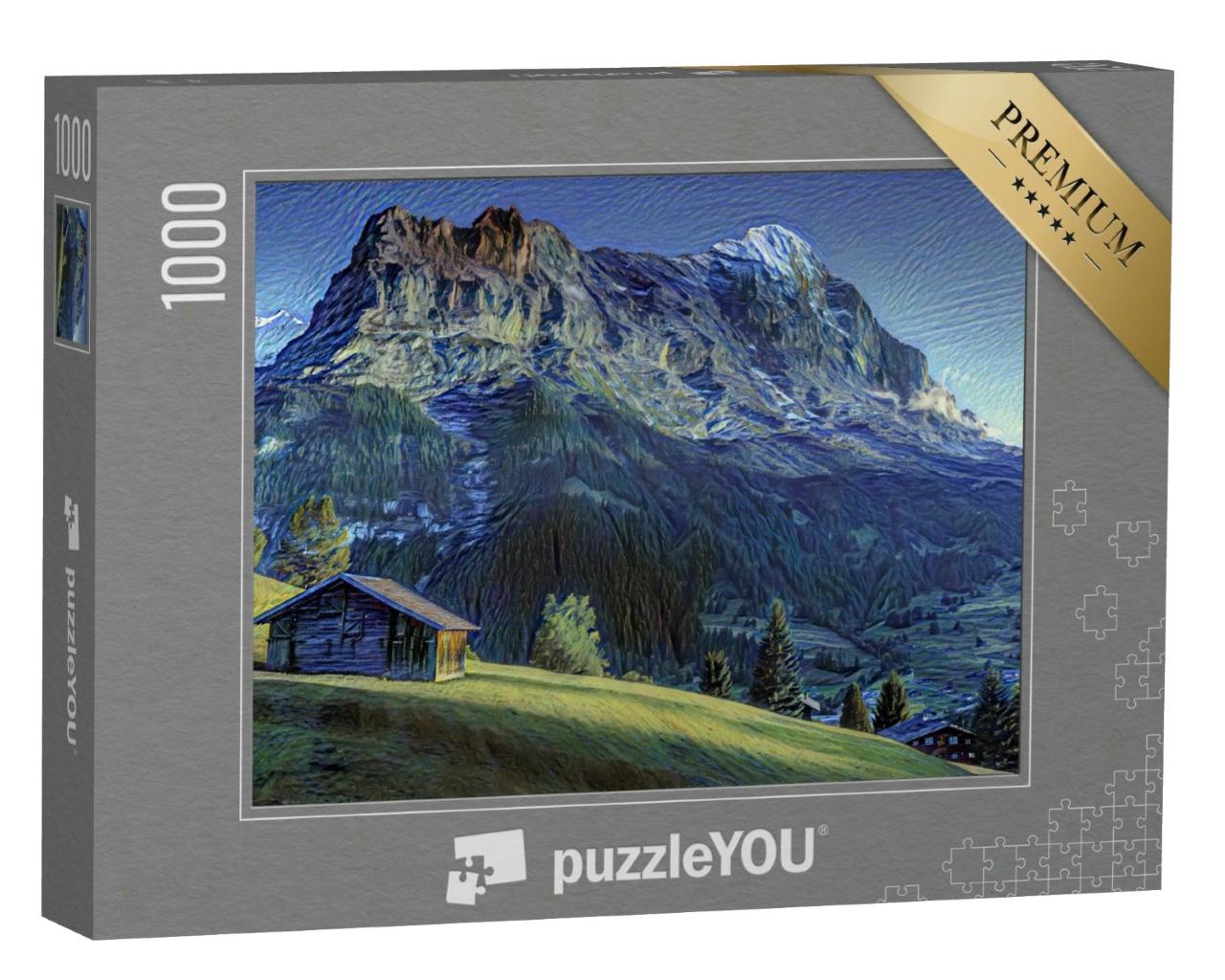 Puzzle 1000 Teile „im Kunst-Stil von van Gogh, Sternennacht - Schweizer Alpenlandschaft vor dem Eiger“
