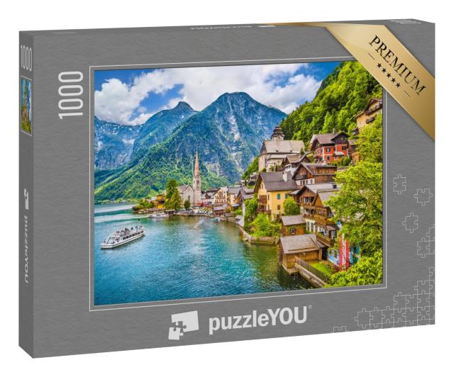 Puzzle 1000 Teile „Bergdorf Hallstatt mit Hallstätter See im Salzkammergut“