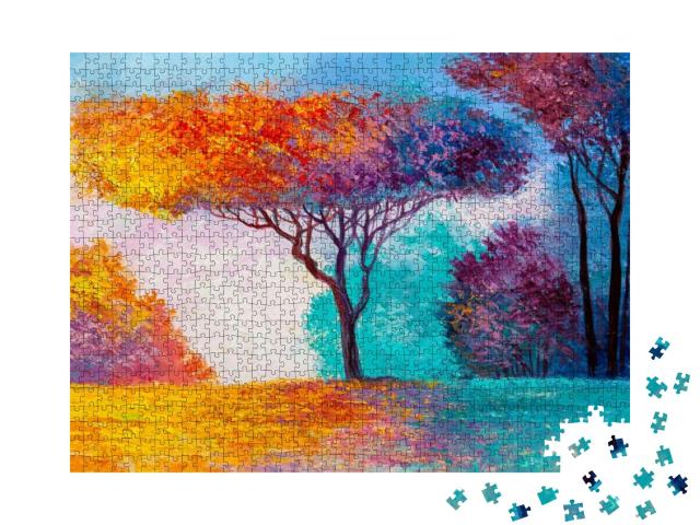 Puzzle 1000 Teile „Ölgemälde: Impressionistischer bunter Herbstwald“