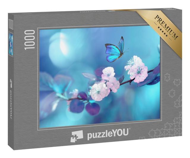 Puzzle 1000 Teile „Blauer Schmetterling im Flug über einen blühenden Aprikosenzweig“